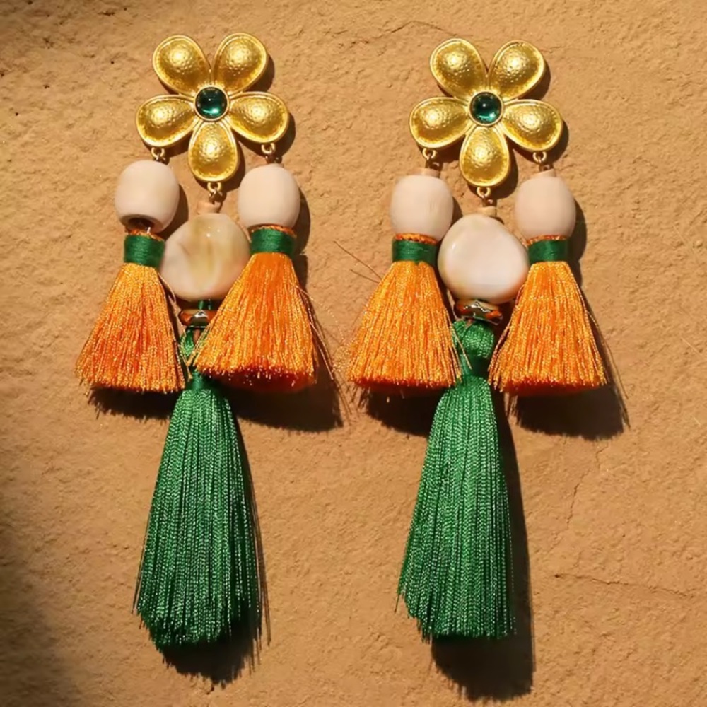 Large Orange and Green Floral Statement Tassel Earrings Long Chunky Big Summer